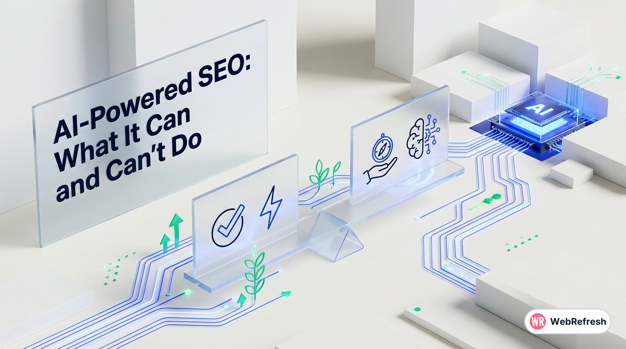 AI-powered SEO illustration weighing the tasks AI can automate against the strategy and judgement only SEO specialists provide