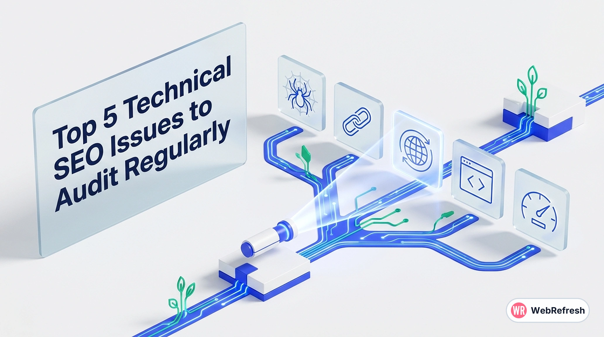Technical SEO audit illustration scanning five common issues: crawlability, canonicals, hreflang, rendering and Core Web Vitals