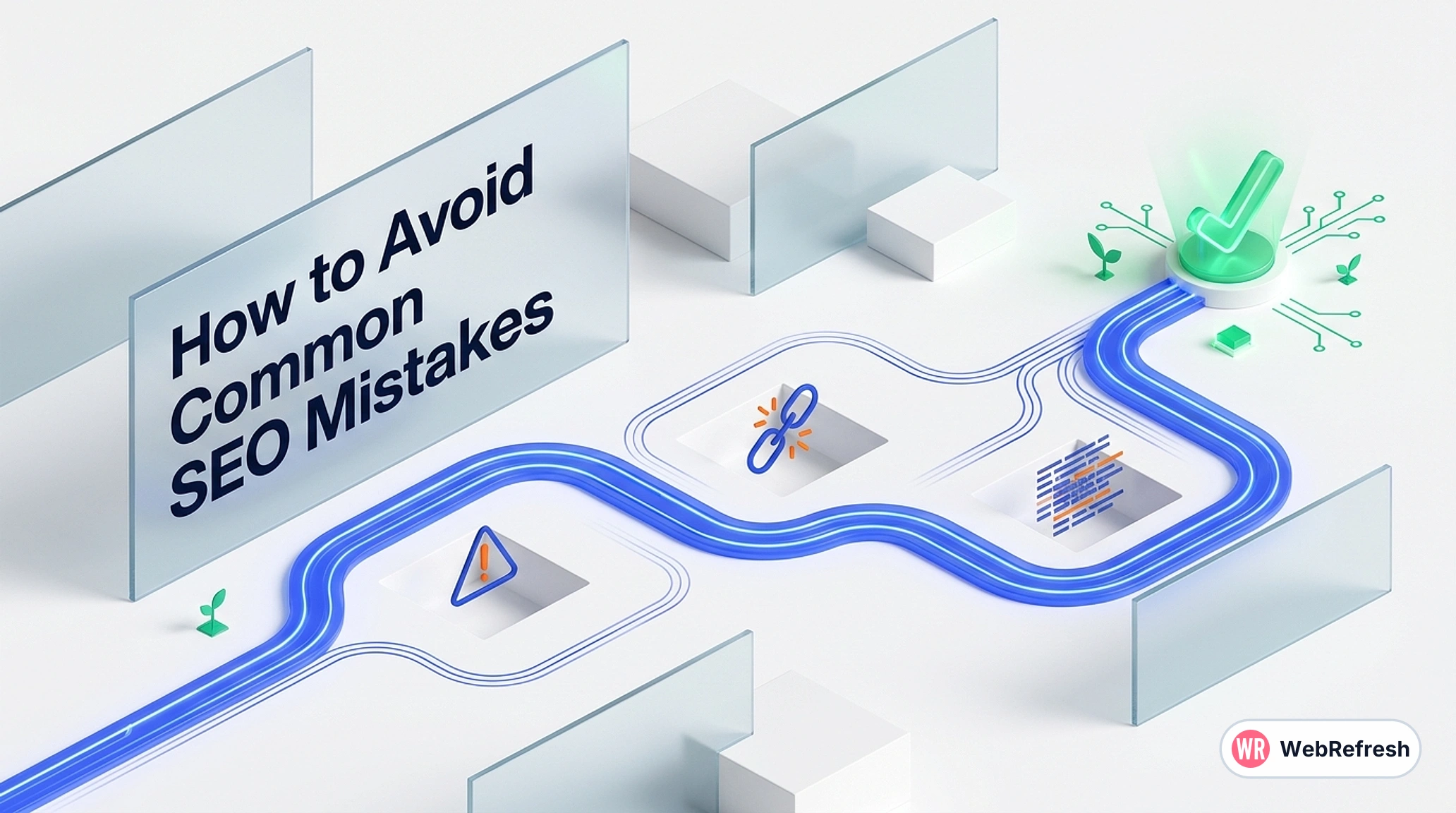 Illustration of an SEO path steering around common mistakes such as broken links, keyword stuffing and migration errors