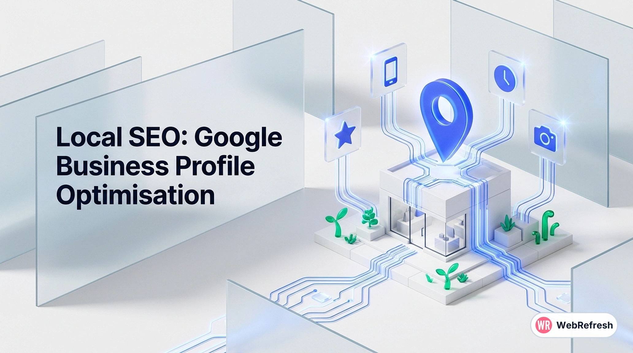 Local SEO illustration of a Google Business Profile map pin above a shopfront with reviews, opening hours, phone and photos
